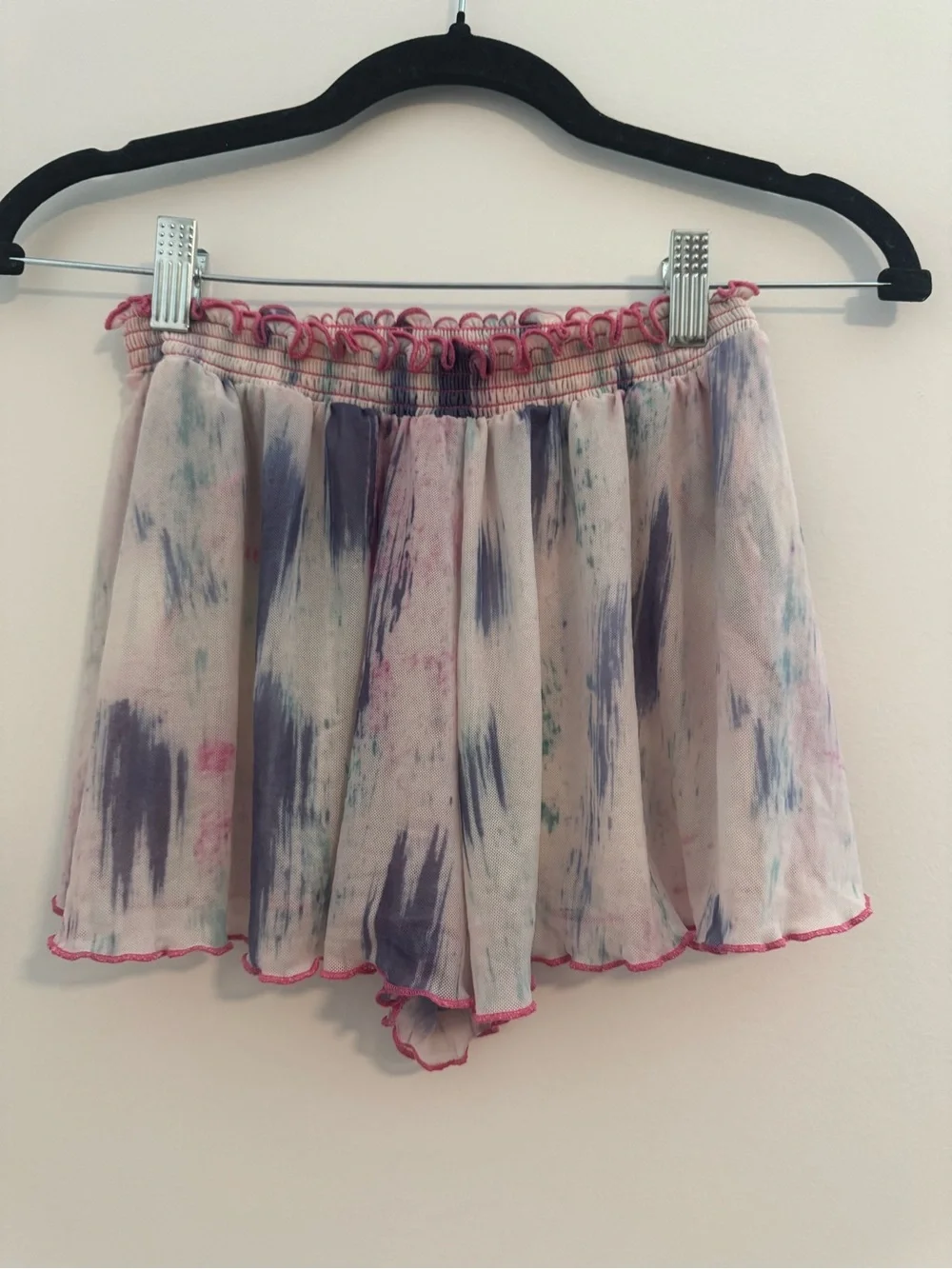Urban Outfitters Lightweight Mesh Pink Brushstroke Ruffle Shorts